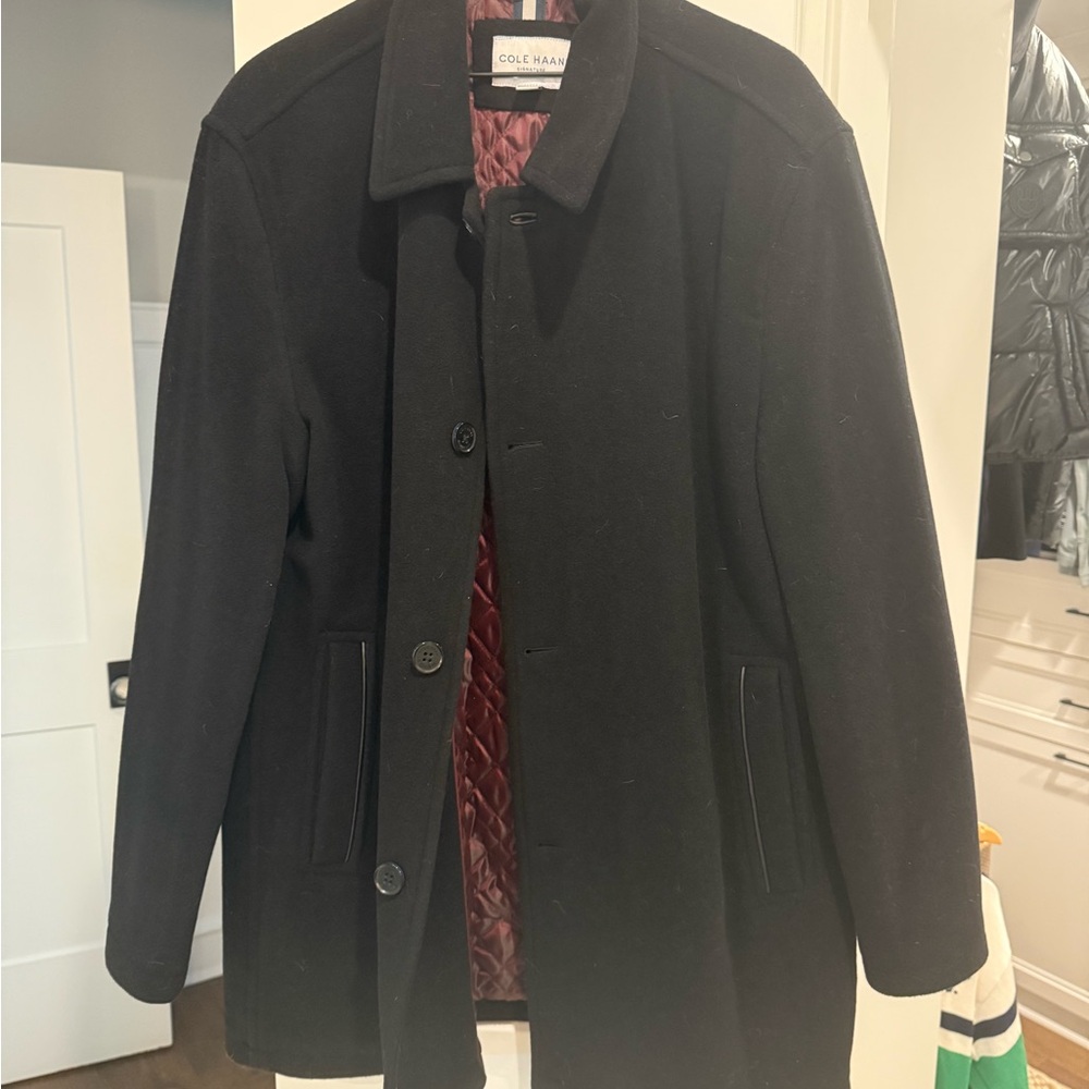 Cole Haan Men's Black Pea Coat with Red Lining